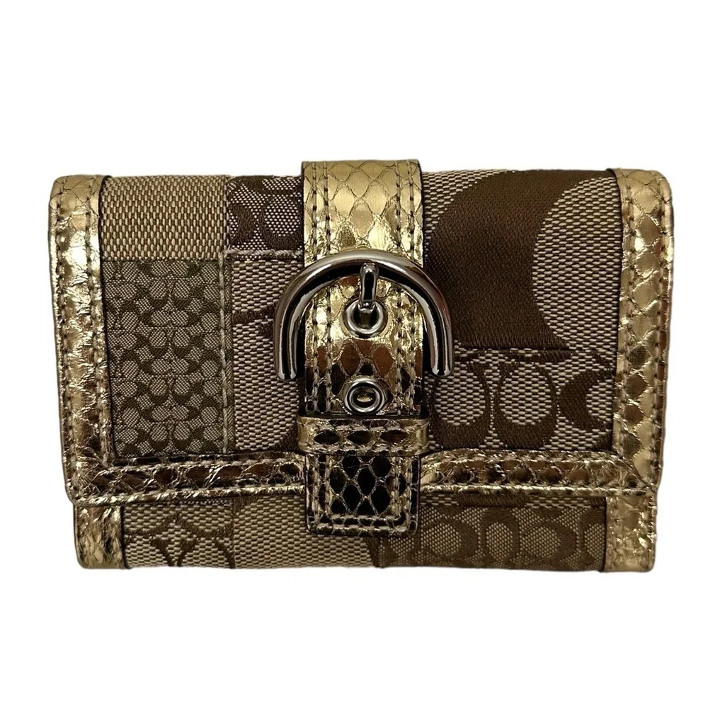 Coach Signature Patchwork Snakeskin Mini Wallet In Khaki/Gold RARE New With Tags